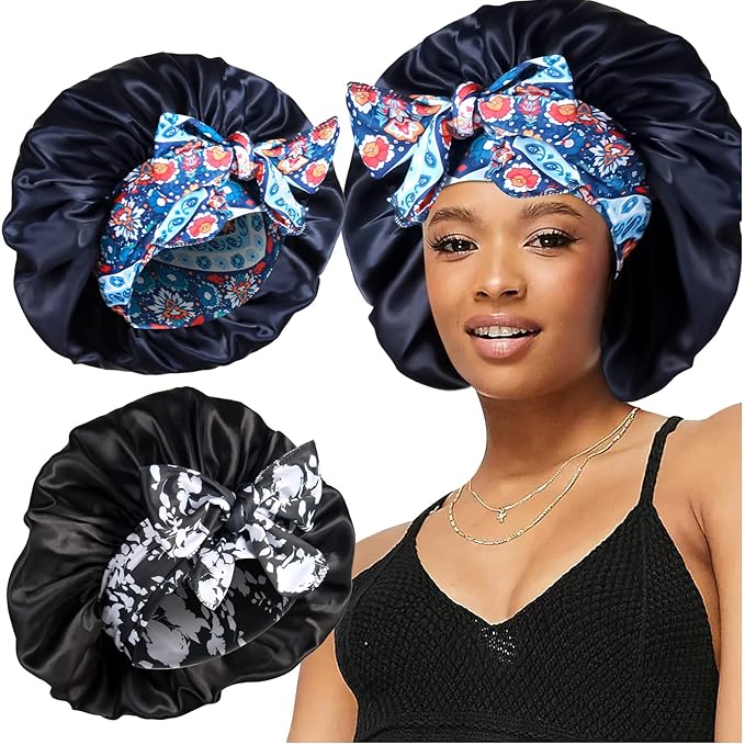 2pcs Large Silky Bonnets with tie Band Braid Bonnet, Satin Bonnet for Sleeping Curly Hair, G