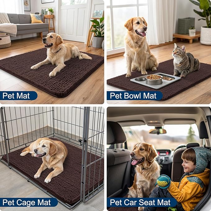 Smiry Dog Door Mat for Muddy Paws 44x24, Absorbs Moisture and Dirt Doormat, Non-Slip Washable Quick Dry Chenille Front Door Mat Indoor Entrance, Entryway Carpet for Inside Floor, Brown