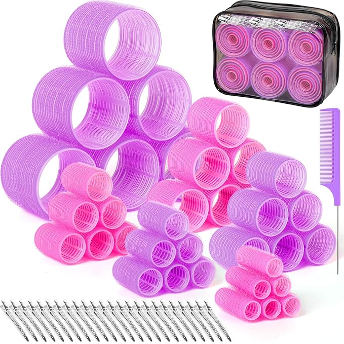6 Size Hair Rollers for Women, 62 Pcs Rollers Hair Curlers for Blowout Look Long Medium Short Hair, Jumbo Large Medium Small Self Grip Curlers with 36 Roller 24 Clips 1 Storage Bag