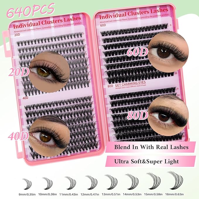 Lash Clusters Kit for Beginners Eyelash Clusters Kit Lashes Clusters Kit Cluster Lashes Pestañas Postizas Naturales with Lash Bond&Seal,Lash Tweezers,Brush RITALASH(640pcs 20D+40D+60D+80D Kit,9-16mm)