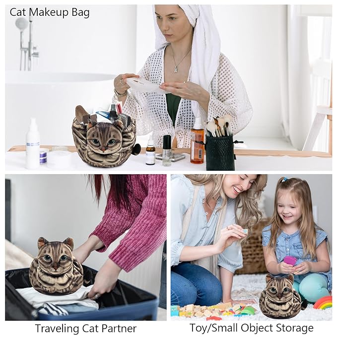 Drawstring Cat Makeup Bag - Travel Organizer, Cosmetic Pouch, Lay Flat Design - Gift for Women and Cat Lovers (2-Pack)