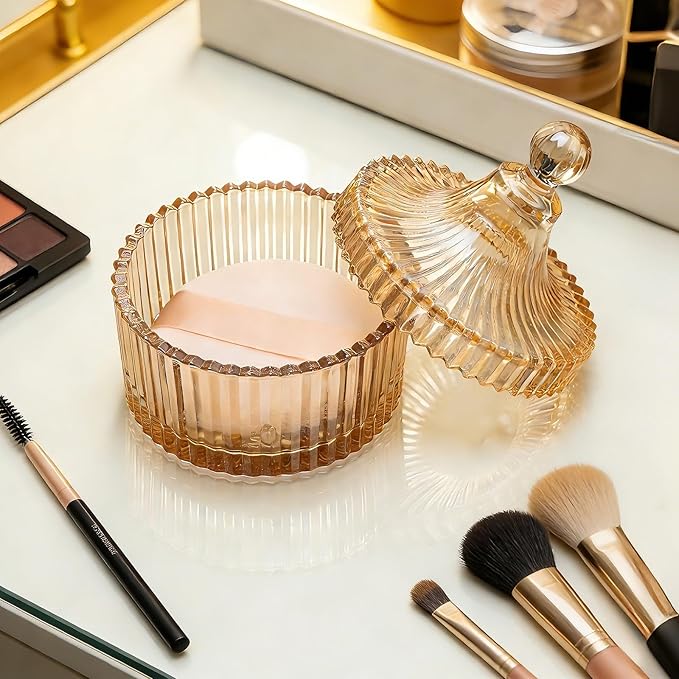 2 Piece Dusting Powder Container with Puff - Large Body Powder Puff and Container, Crystal Glass Powder Container with Puff Soft Velour Washable Reusable Face & Body Use (Amber)