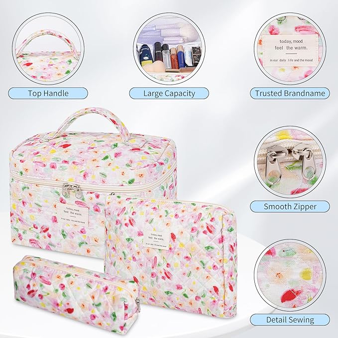 senbowe Floral Makeup Bag, 3 Pack Large Cotton Quilted Makeup Bag Set, Cute Floral Coquette Aesthetic Toiletry Bag Make Up Cosmetic Bag for Women, Toiletry Travel Make Up Organizer Bag