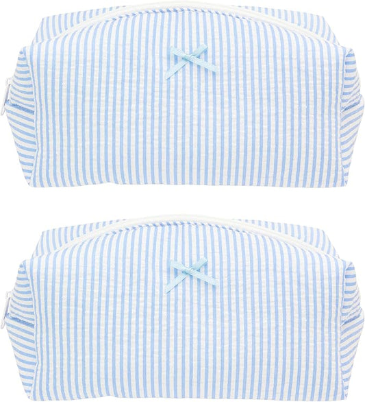 PAZIMIIK 2PCS Cozy Makeup Bag Travel Cosmetic Bag for Women Soft Toiletry Bag Aesthetic Makeup Organizer Portable Large Zipper Pouch for Skincare Beauty Accessories Brushes Stripe Blue