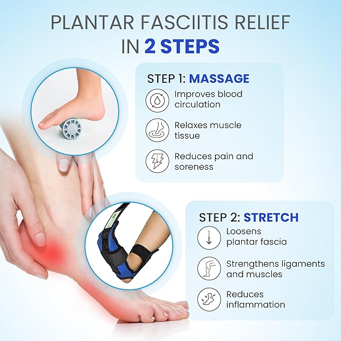 Foot & Calf Stretcher for Plantar Fasciitis, Includes Foot Massage Roller, Achilles Tendinitis, Foot Drop, Yoga Foot & Leg Stretching Strap