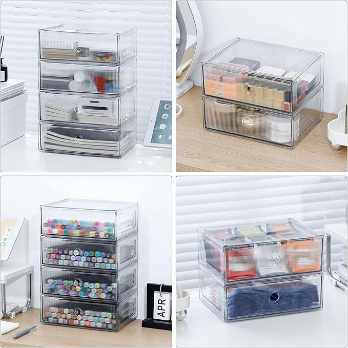 Clear Drawer Organizers for Office, Plastic Storage Box for Art Supplies, Marker Pen, School Stationery, Colored Pencils, Kitchen Accessories, Stackable Bathroom Makeup Container, 4 Drawers