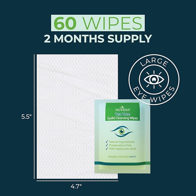 NOVEHA 120Pcs Tea Tree Oil Eyelid & Lash Wipes With Hyaluronic Acid, Green Tea & Chamomile For Blepharitis & Itchy Eyes, Individually Wrapped Eyelash Wipes, Natural Makeup Remover & Cleanser (2 Pack)