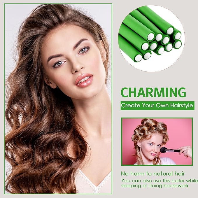 Syhood 30 Pieces Flexible Curling Rods Twist Hair Rollers Soft Foam Rods No Heat and 1 Pcs Steel Rat Tail Comb for Women Long and Short Hair(7 x 0.47 Inch,Green)