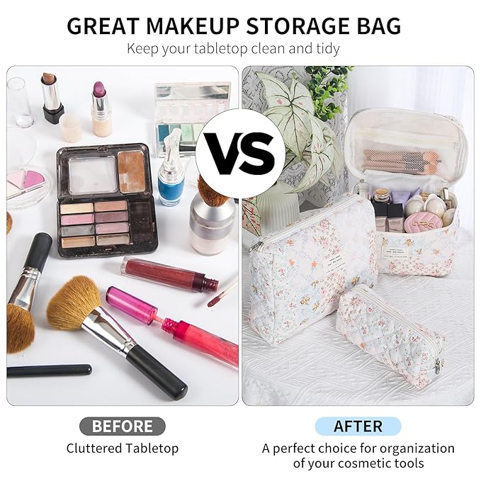senbowe Floral Makeup Bag, 3 Pack Large Cotton Quilted Makeup Bag Set, Cute Floral Coquette Aesthetic Toiletry Bag Make Up Cosmetic Bag for Women, Toiletry Travel Make Up Organizer Bag