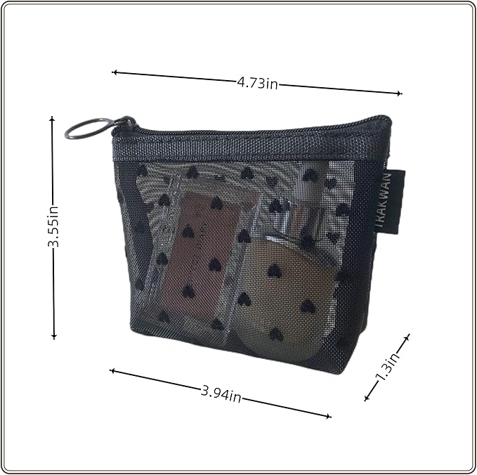 Mini Heart Makeup Bag Set, Zipper Mesh Cosmetic Bags for Women, Lipstick Cosmetic Organizer Bag, Travel Pouch (Black-6pcs)