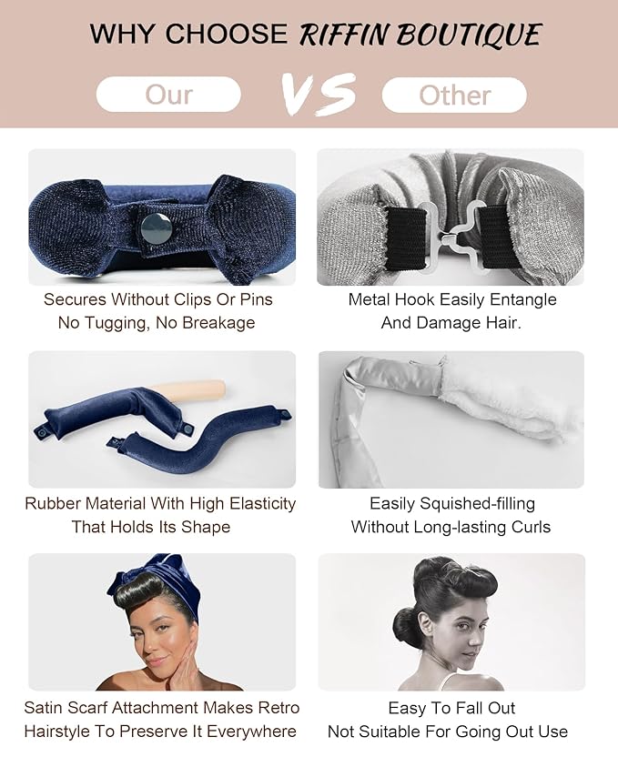 Littles Velvet Heatless Hair Curler Curling Rod Set, Soft Small Flexi Rods Hair Rollers Curlers to Sleep In No Heat Heatless Curls Overnight Rods for Short & Long Hair for Tight Curls Navy
