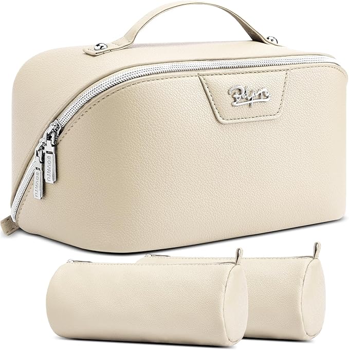 BOYATU Travel Makeup Bag Cosmetic Bags for Women: Large Capacity 3 Pcs Set Make up Bag with Compartments - Waterproof Vegan Leather Toiletry Organizer Bags with Handle (N-68Off-white)
