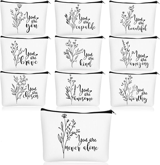Coume 10 Pcs Valentines Canvas Makeup Bags Bulk, Inspirational Quotes Cosmetic Zipper Encouragement Travel Pouch Toiletry Bag Women Teacher Friend Birthday Gift(White,Aesthetic)