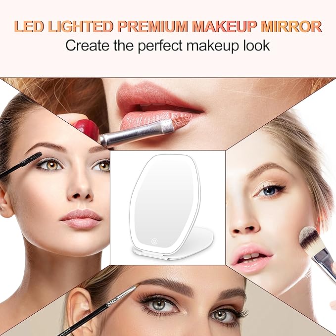 Travel Makeup Mirror with Light: 3 Color Lighting Portable Mirror with Touch Screen Rechargeable Adjustable LED Lights Hexagon Vanity Mirror for Travel, Desk, Home (White)