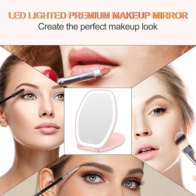 Travel Makeup Mirror with Light: 3 Color Lighting Portable Mirror with Touch Screen Rechargeable Adjustable LED Lights Hexagon Vanity Mirror for Travel, Desk, Home (Pink)