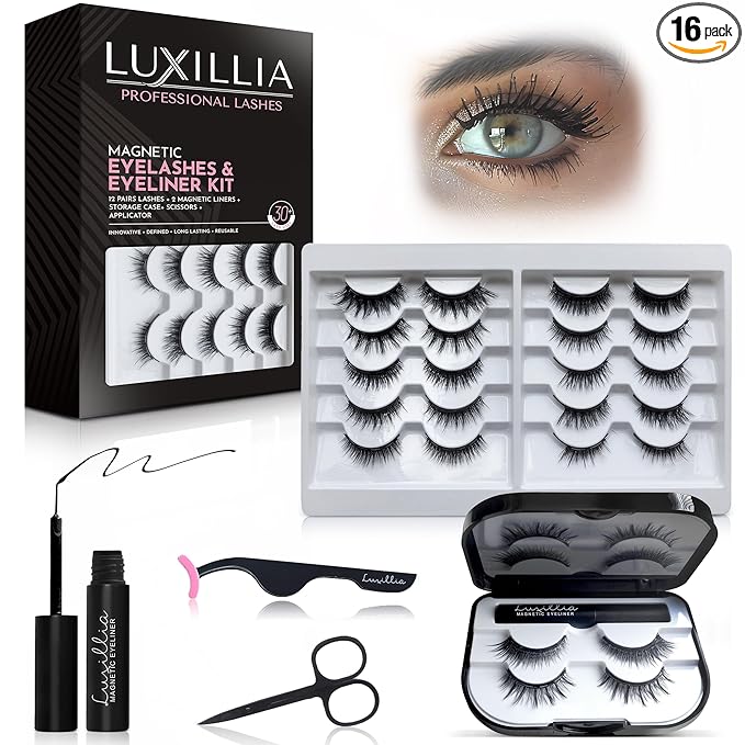 Luxillia 16-Piece Magnetic Eyelashes with Applicator & Magnetic Eyeliner Kit – Reusable Natural Magnetic Lashes – Easy Apply Lash Kit for Beginners – Waterproof, Short & Dramatic Looks