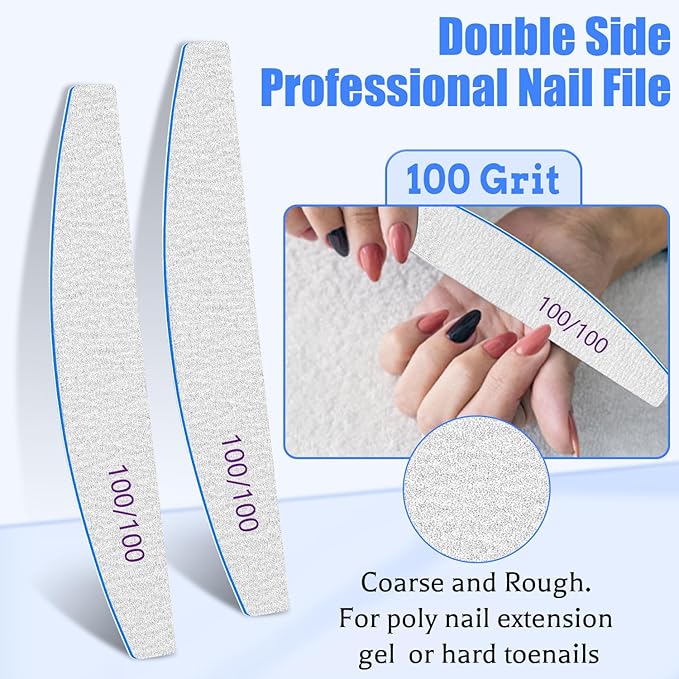 12 PCS Nail Files for Acrylic Nails, 100/100 Grit Nail File for Poly Nail Extension Gel Emery Boards Nail Files Doubled Sides Coarse Washable Nail File Manicure Tools for Home and Salon Use