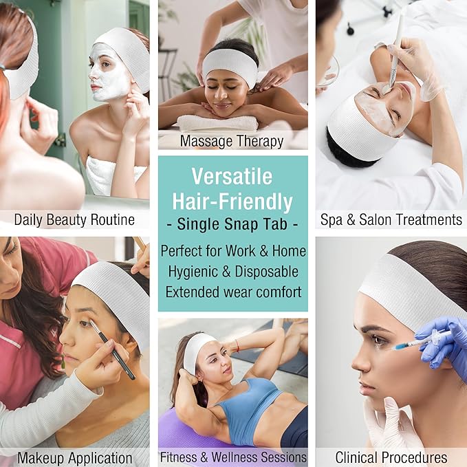 APPEARUS Disposable Spa Facial Headbands (100 Pack) – Individually Wrapped, Stretchable Non-Woven Hair Wraps with Single Snap Tab for Estheticians, Makeup, and Skincare