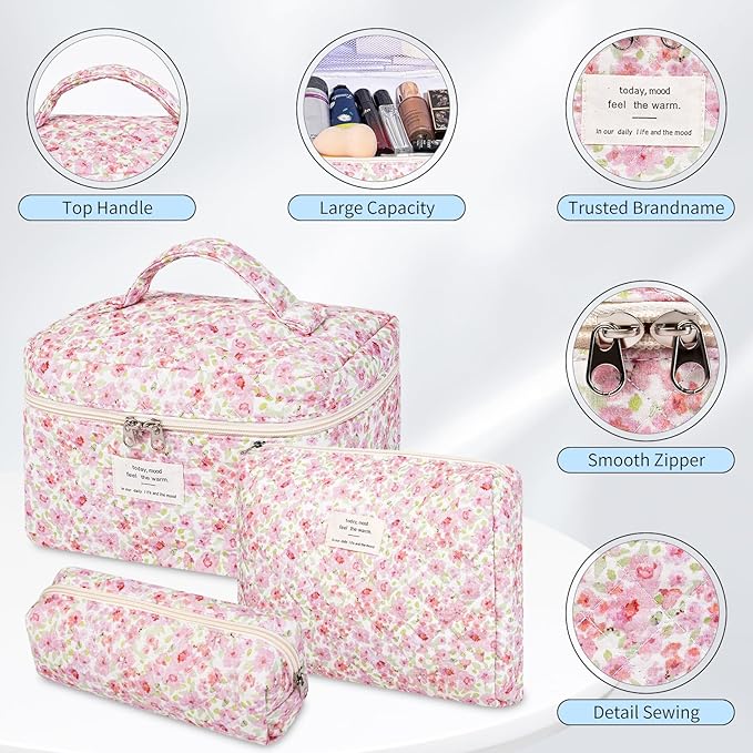 senbowe Floral Makeup Bag, 3 Pack Large Cotton Quilted Makeup Bag Set, Cute Floral Coquette Aesthetic Toiletry Bag Make Up Cosmetic Bag for Women, Toiletry Travel Make Up Organizer Bag