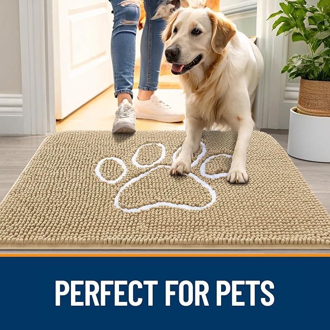 OLANLY Dog Door Mat for Muddy Paws 59x20, Paw Print Design, Absorbs Moisture and Dirt, Absorbent Non-Slip Washable Doormat, Quick Dry Chenille Mud Mat for Dogs, Entry Indoor Entryway Carpet, Beige