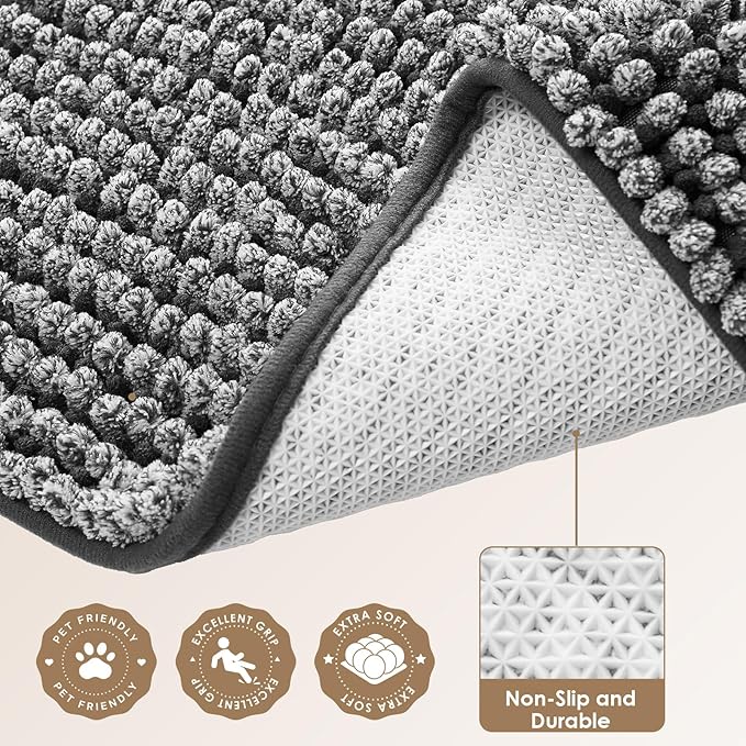 EHEYCIGA Super Absorbent Dog Door Mat for Muddy Paws 30x20 Inch Indoor, Front Doormat Outside Entrance, Quick Dry Chenille Washable Dog Crate Bed, Non-Slip Pet Rug Mud Mat Outdoor Entryway, Grey