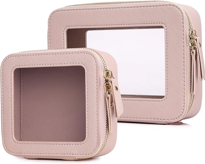 Clear Makeup Bag Set Portable Travel Cosmetic Bag and Toiletry Bag Women's Purse Pouch Cosmetic Stroage Organizer Bag with Zipper Car Essentials (Pink, M+Mini)