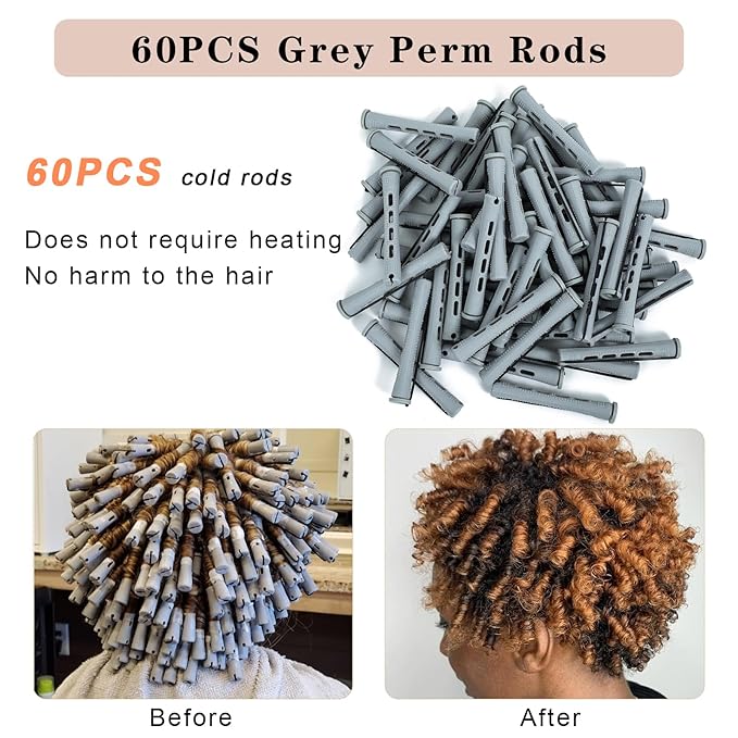 Perm Rods For Short Hair 60 Pcs Grey Small Perm Rods For Long Natural Hair DIY Plastic Curling Rods HairStyling Tools(0.59inch,Grey)
