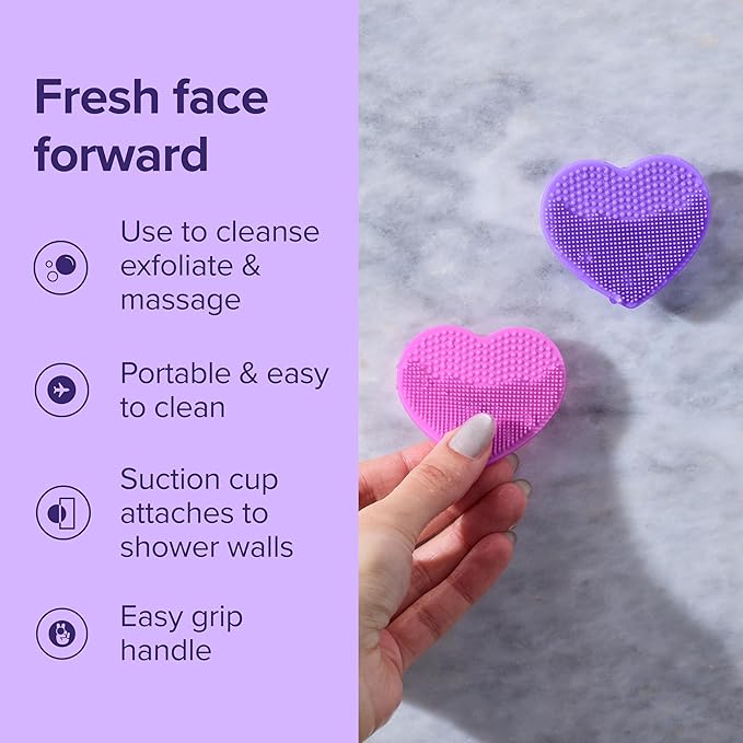 Plum Beauty Heart-Shaped Silicone Skin Scrubber – Manual Facial Cleansing Brush for Exfoliating & Massaging – Soft, Skin-Safe Bristles for All Skin Types – Includes Suction Cup Mount