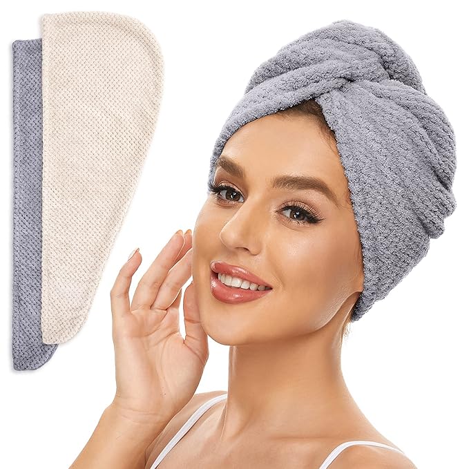 2 Pack Microfiber Hair Towel Wrap for Women, Anti Frizz Quick Drying Hair Turban for All Hair Style, Absorbent and Lightweight (Beige + Grey)