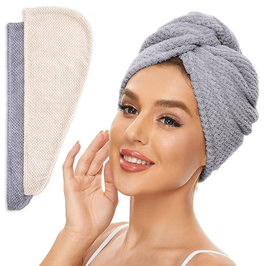 2 Pack Microfiber Hair Towel Wrap for Women, Anti Frizz Quick Drying Hair Turban for All Hair Style, Absorbent and Lightweight (Beige + Grey)