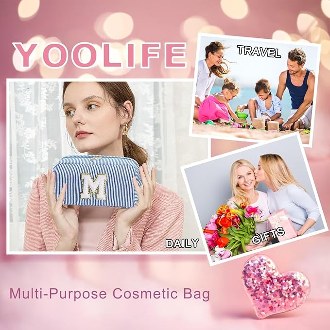 YOOLIFE Birthday Gifts for 6 7 8 9 10 11 12 13 14 15 Year Old Teen Girl - Initial Makeup Bag Letter Toiletry Pouch Cosmetic Case, Personalized Teen Girl Gifts Trendy Stuff, Blue C