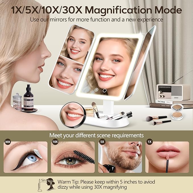 Vanity Mirror with Lights, Lighted Makeup Mirror with 30X/10X/5X Magnification, Rechargeable Trifold Mirror with 3 Color & Adjustable Brightness, Travel Makeup Mirror with Lights for Desk