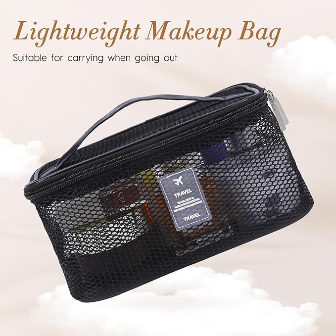 Mesh Makeup Bag, Breathable Cosmetic Bags with Zipper, Travel Lightweight Make Up Organizer Mesh, Toiletry Bag with Handle for Women Girls Gift, Black