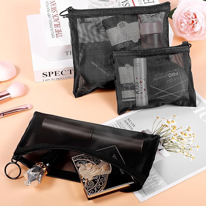 8 Pack Mini Zipper Mesh Makeup Bags, Nylon Cosmetic Bags Toiletry Purse Travel Organizer Bags Inside Bag for Office Travel Organization (Black, M)