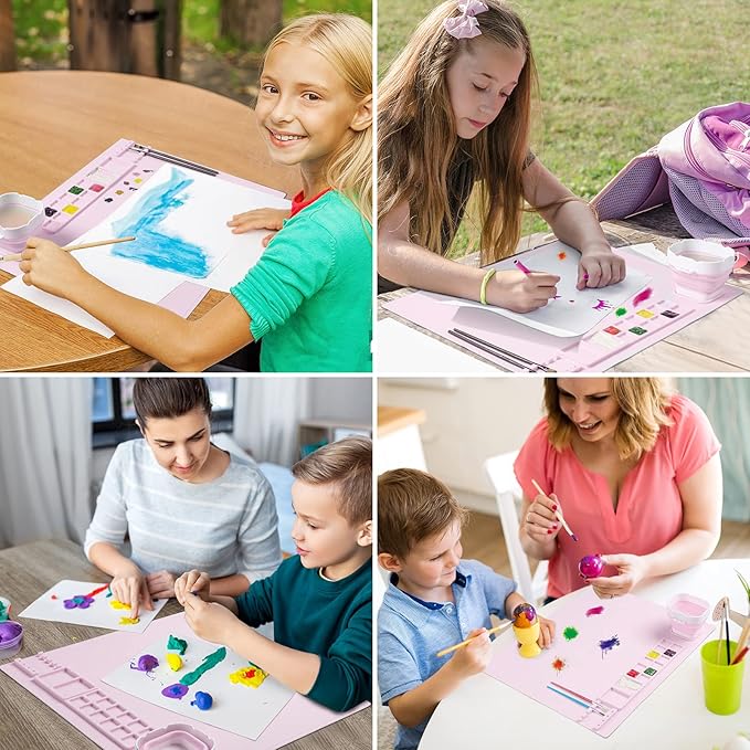 Silicone Painting Mat, Art Mat with Cup, Craft Paint Brush Cleaner Tool, Artist for Kids Gift Clay DIY Creations, Gift Packaged (Pink)
