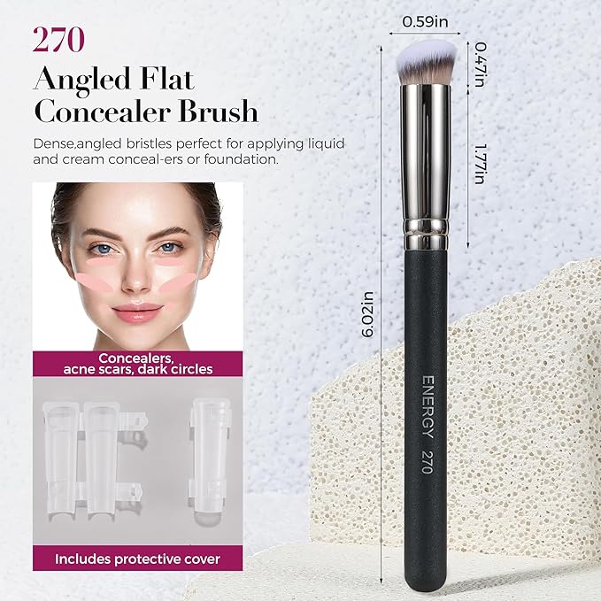 ENERGY Makeup Brush Set Professional 3pcs Foundation Concealer Detail Brushes Soft Synthetic Bristles Vegan Face Makeup Brushes for Liquid Cream Powder Flawless Blending Buffing with Travel Case