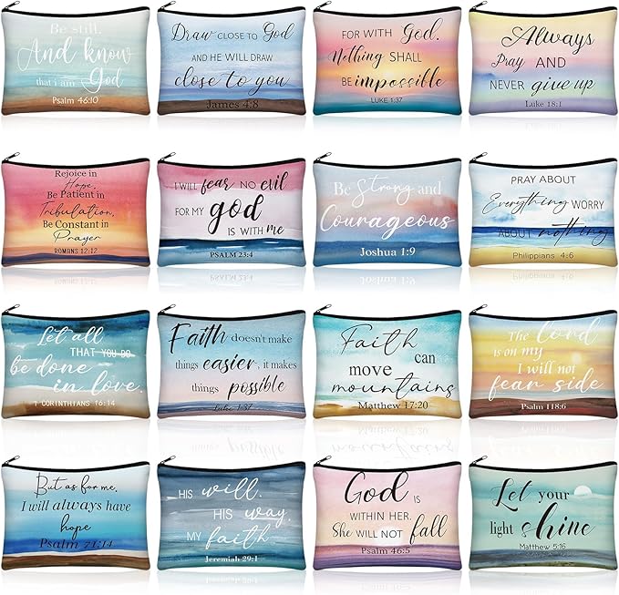 Pinkunn 16 Pcs Valentines Canvas Makeup Bags Bulk Inspirational Christian Women Religious Galentine Gifts Inspirational Bible Verse Pencil Pouch Makeup Bags with Zipper for Travel(Bible Landscape)