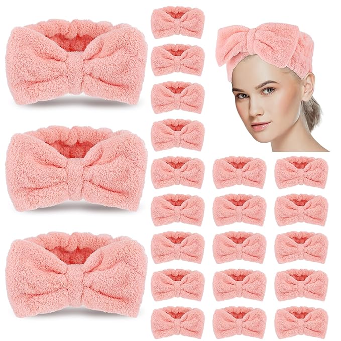 Yunlly 20 Pcs Spa Headband for Women 4 Inches Width Facial Makeup Hair Band Bulk Skincare Headbands for Washing Face Bowtie Slumber Party Supplies Fluffy Head Wraps(Pink)