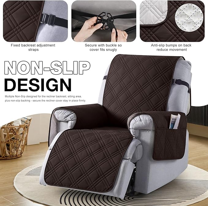 TAOCOCO Waterproof Recliner Chair Covers 30 Inch Wide, Oversized Recliner Covers for Recliner Chair with Pocket, Recliner Slipcovers with Straps Furniture Protector for Kids Pets (30'', Coffee)
