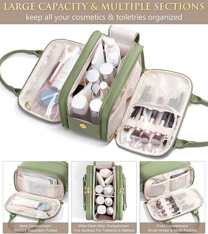 Travel Makeup Bag, Large Capacity Quilted Toiletry Bag for Women Stand-up Cosmetic Bag Open Flat Make Up Case Organizer Portable Pouch Purse w/Handle for Traveling Accessories, Sage Green