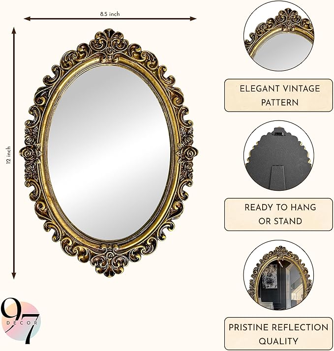97 Decor Small Oval Mirror for Table - Gold Vintage Mirror for Tabletop and Wall Mounting, Small Decorative Mirrors Frame for Antique Home Bedroom, Victorian Makeup Room Decor
