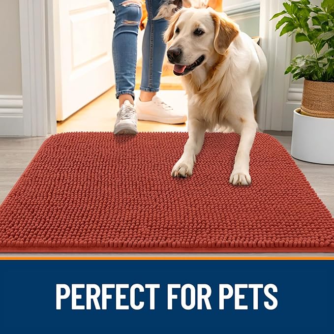 OLANLY Dog Door Mat for Muddy Paws 47x24, Absorbs Moisture and Dirt, Absorbent Non-Slip Washable Doormat, Quick Dry Chenille Mud Mat for Dogs, Entry Indoor Entryway Carpet for Inside Floor, Maple Red