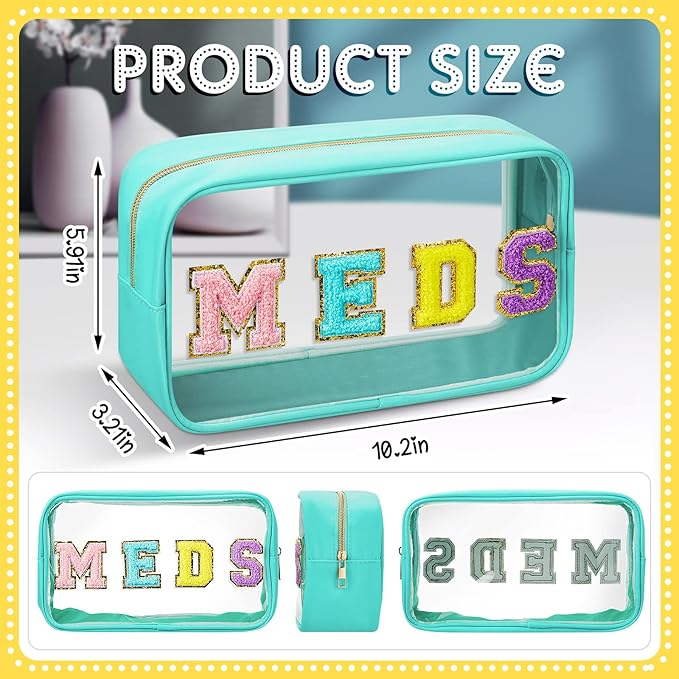Geetery Medicine Bag Chenille Patch Meds Bags Portable Makeup Cases Preppy Patch with Zipper Cosmetic Travel Toiletry Storage for Women(Green,Cute Meds)