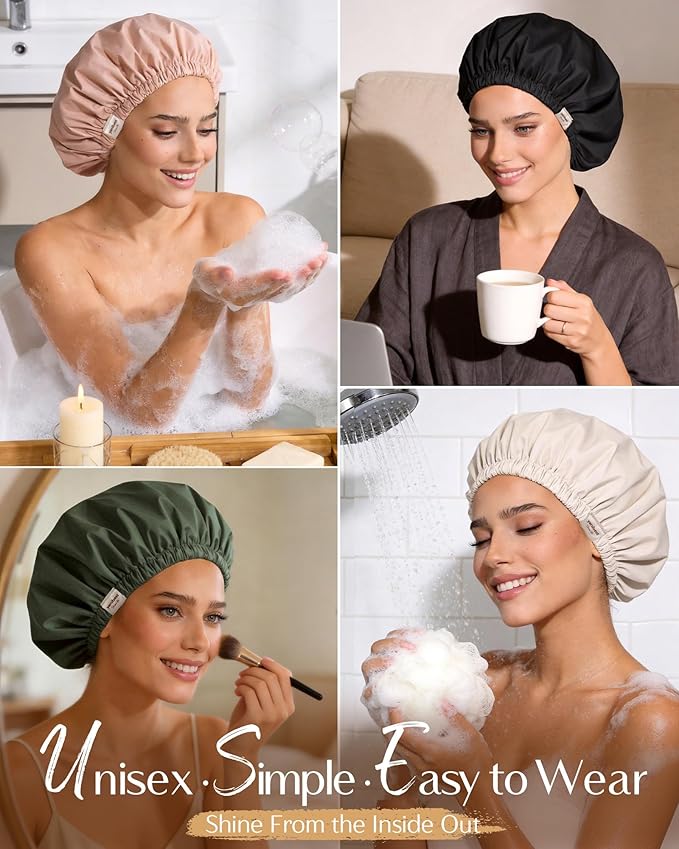 Yanibest Satin Lined Shower Cap for Women Reusable Waterproof, Frizz Free & Large Bath Cap with Soft Elastic Band, Luxury Hair Protection Caps (Green)