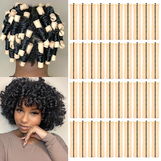 Perm Rods For Short Hair 40Pcs Beige Perm Rods For Black Women Plastic Curl Cold Wave Medium Size Peach Hair Rollers For Hair Styling Hairdressing Tools(Beige,40PCS)