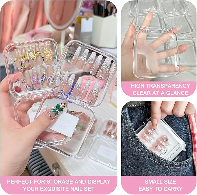 12pcs Press on Nail Storage Box with 60 Pcs Adhesive Double Sided Tape Acrylic Nail Display Box Artificial False Nail Box Organizer Fake Nail Case Transparent Nail Packaging Boxes for Nail Salon