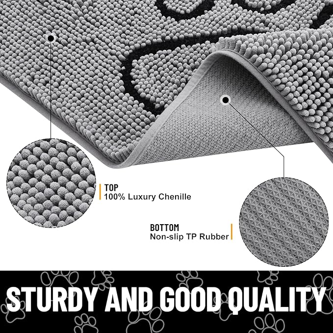 Smiry Dog Door Mat for Muddy Paws, Absorbent Dirt Trapper Non Slip Quick Dry Washable Chenille Mat for Mud Dogs, Entry Rug for Indoor and Outdoor (71x46 Inches, Grey and Black)