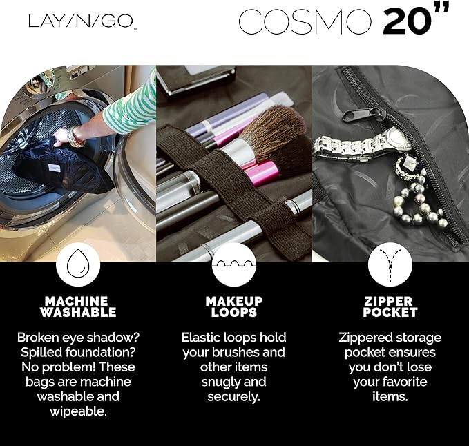 Lay-n-Go Cosmo Lay Flat Drawstring Cosmetic & Makeup Bag Organizer - Zipper Pocket, Brush Loops & Storage - Machine Washable, Toiletry Carrier for Travel, Cinch Closure, Gift (20", Sky Blue)
