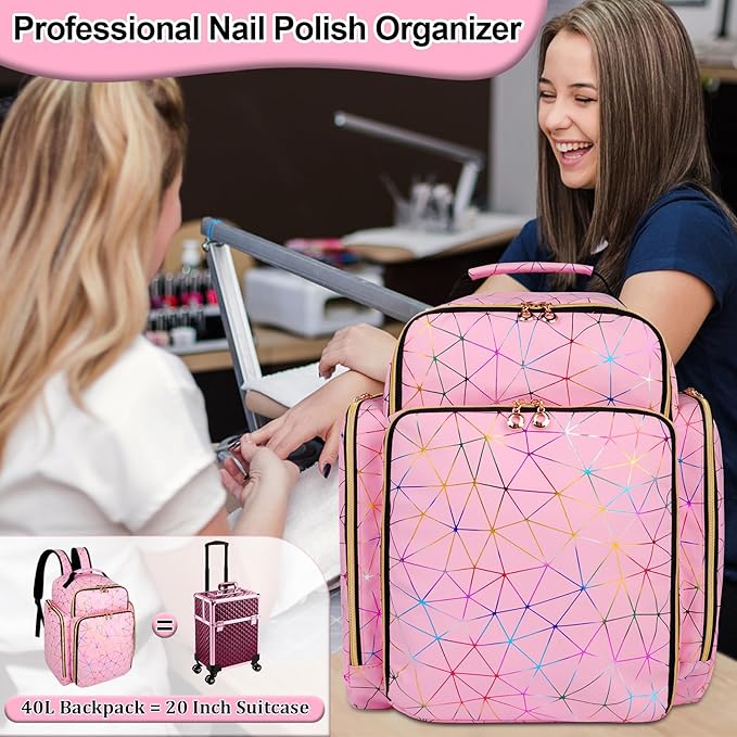 AHZSKE Nail Polish Organizer Backpack Holds 126 Bottles& Nail Lamp, Extra Large Nail Kit Supplies Organizer Bag with 3 Removable Cases, Portable Nail Organizers and Storage for Trave (PU Leather Pink)