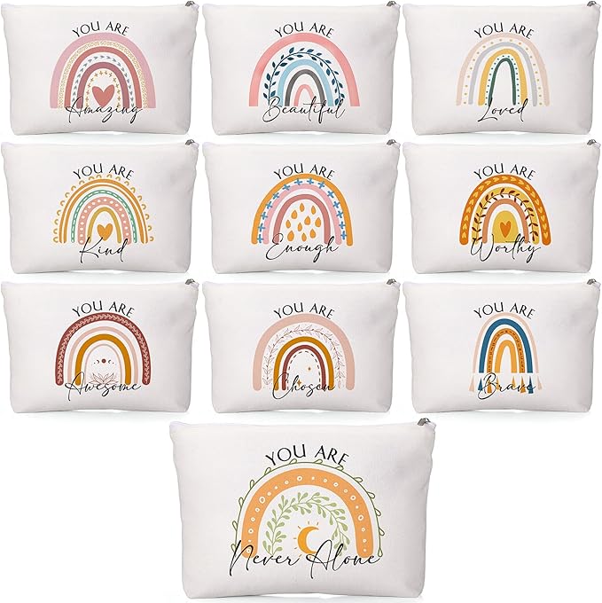 Coume 10 Pcs Valentines Canvas Makeup Bags Bulk, Inspirational Quotes Cosmetic Zipper Encouragement Travel Pouch Toiletry Bag Women Teacher Friend Birthday Gift(Multicolor,Rainbow)